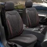 Set huse scaune auto, Nicole culoare Negru cusatura Rosie ,11 piese, compatibile cu airbag,fractionate, material textil si piele ecologica